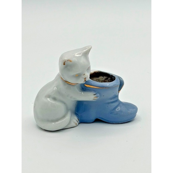 Other - Vintage PAC Japan Ceramic Cat & Blue Boot Mini Planter Figurine Gold Trim